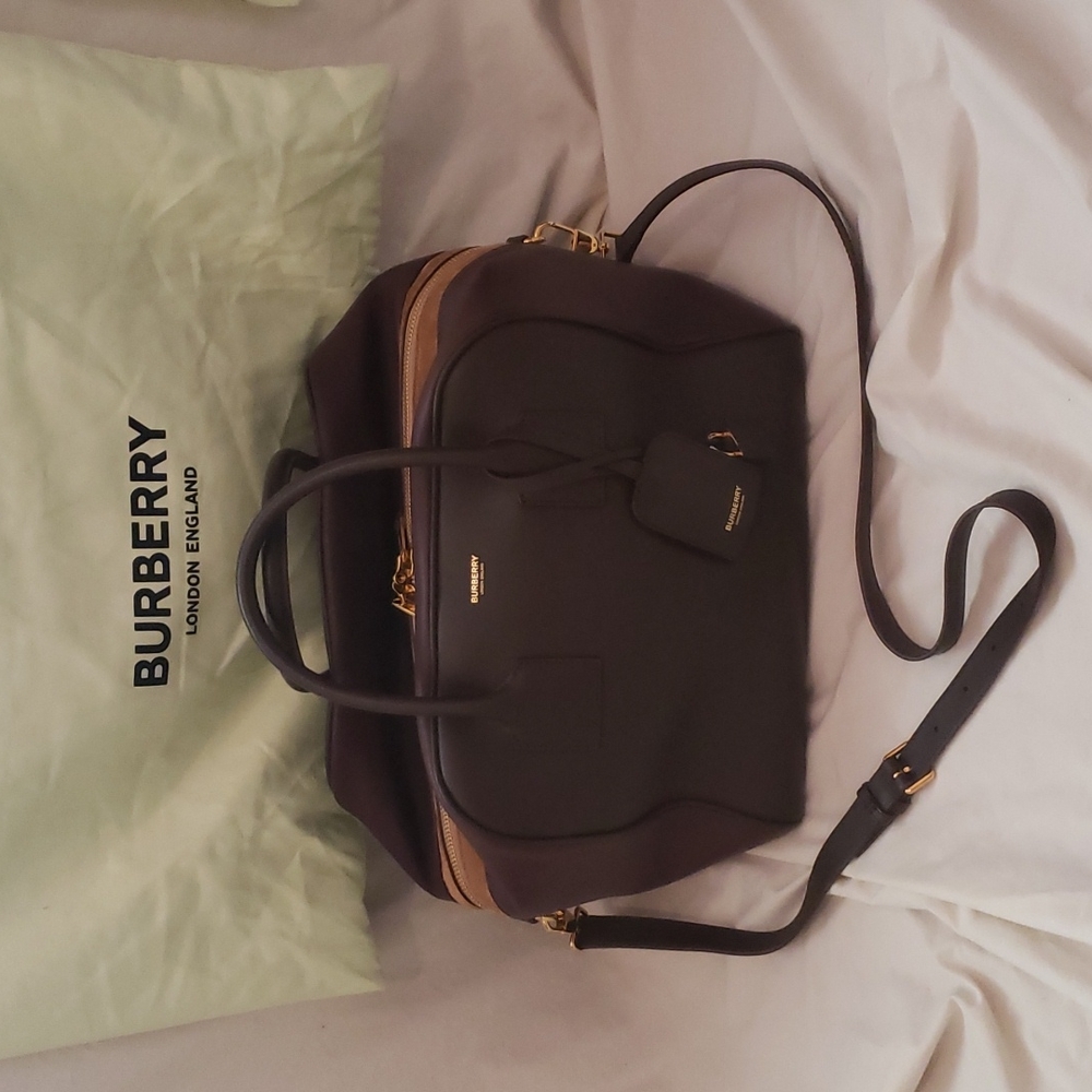 SOLD BURBERRY Large Calfskin Leather Cube Bag Top Handle Crossbody Maroon Tan